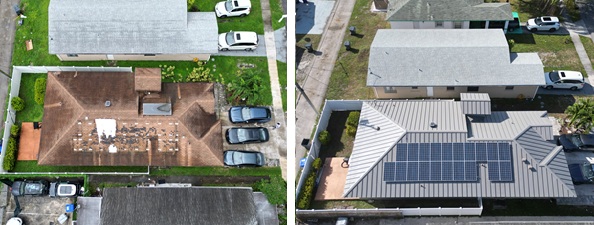 Before and after solar installation on metal roof